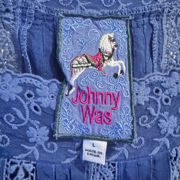 Johnny Was Brigita Blouse Blue Square Neck Eyelet Embroidered Short Sleeve Sz L - Picture 9 of 11